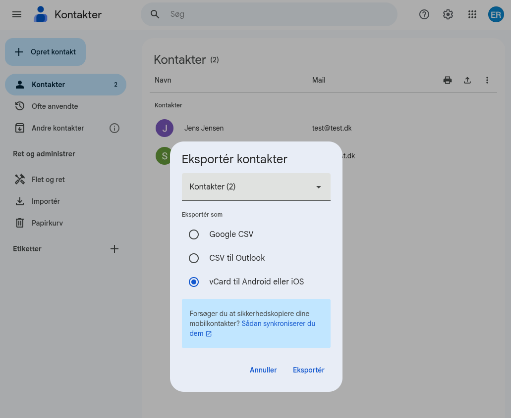 NexEkasporter kontakter fra Google vælg VCard